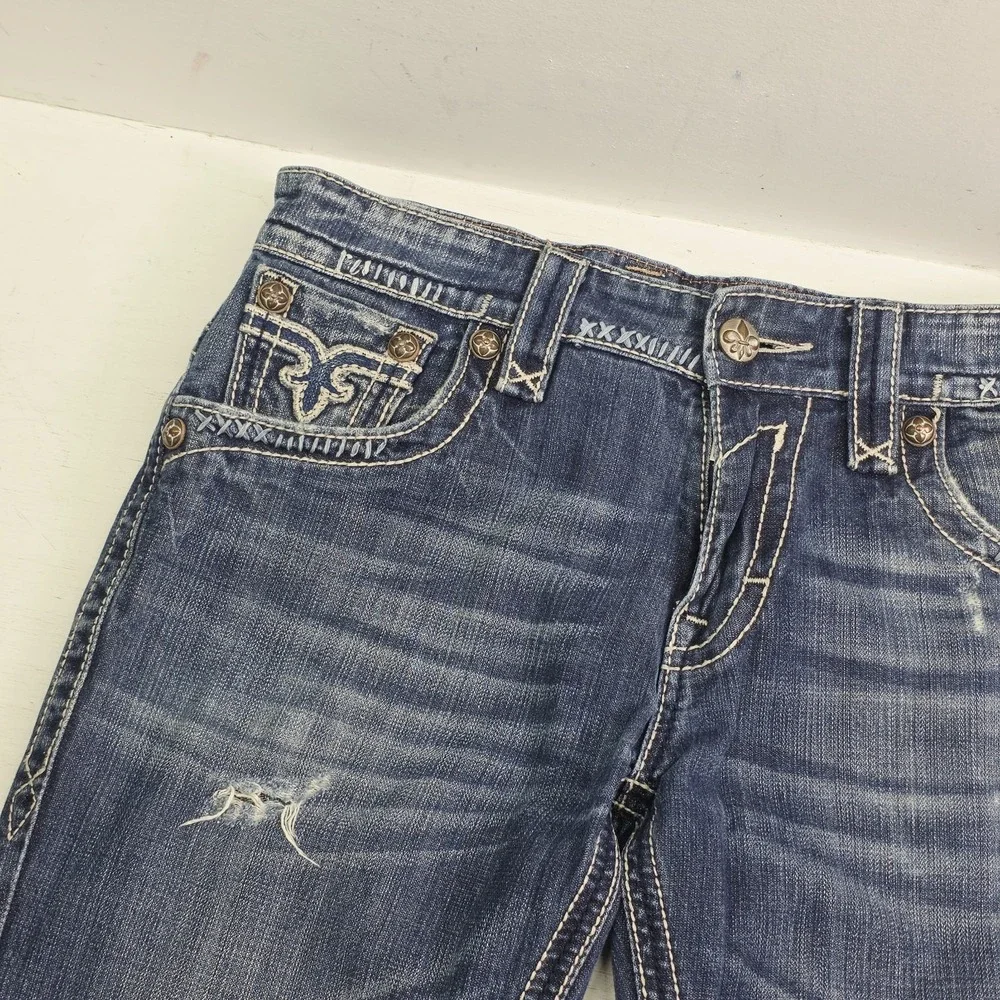 Rock Revival Paul Straight Jeans Men's 32x29 Distressed Dark Wash Thick Stitch